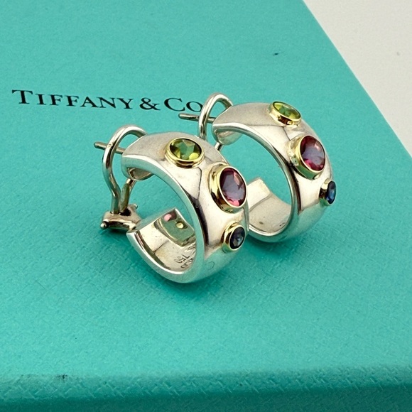 Vintage Tiffany & Co. Etoile Gemstone Hoop Earrings in 18k and 925 15g - Picture 9 of 9
